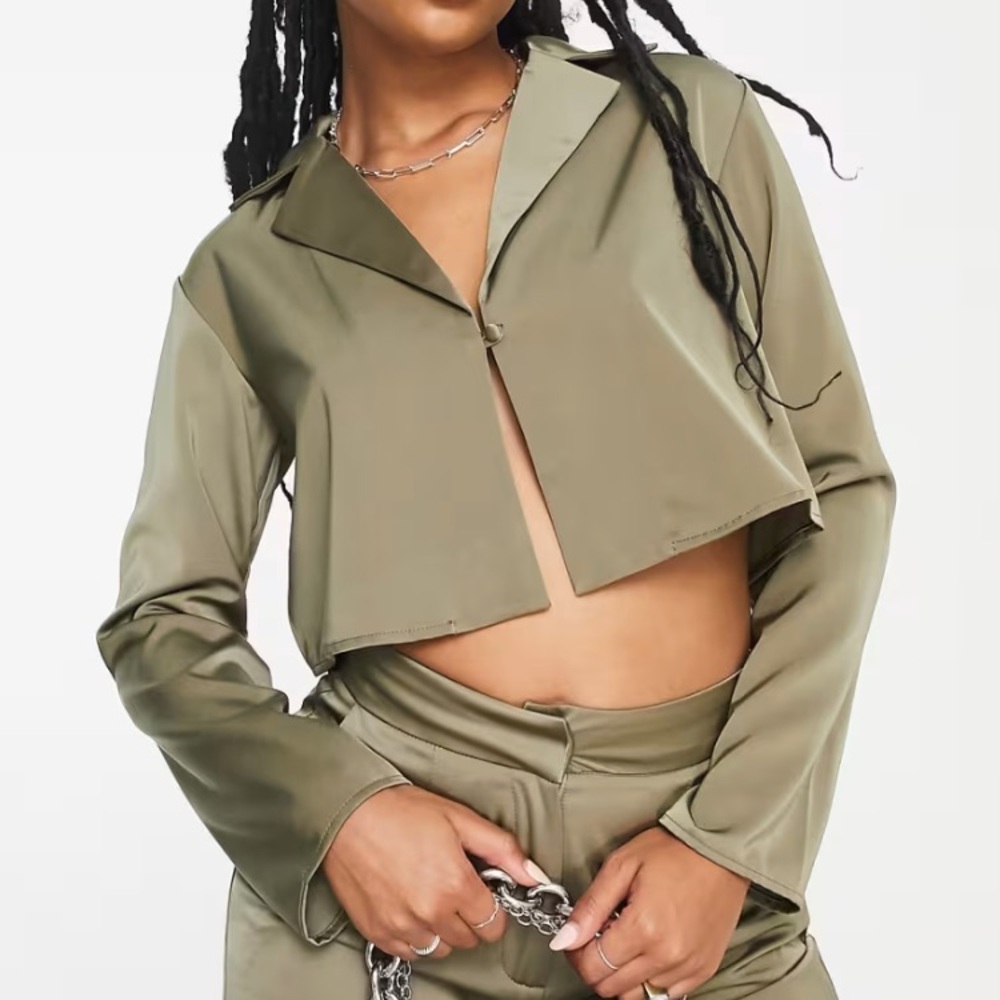 ASOS 4th & Reckless petite green satin blazer-style shirt